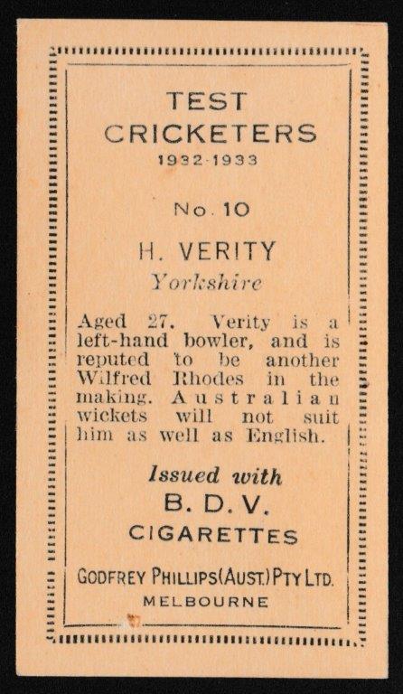 Phillips (Godfrey) - 'Test Cricketers 1932-1933' (1932) - Card #10 (BDV) - H. Verity (Yorkshire) Phillips (Godfrey) - 'Test Cricketers 1932-1933' (1932) - Card #10 (BDV) - H. Verity (Yorkshire)