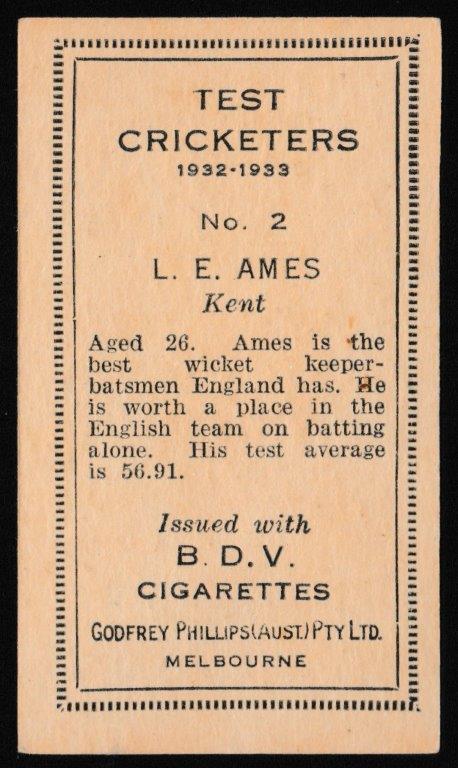 Phillips (Godfrey) - 'Test Cricketers 1932-1933' (1932) - Card #2 (BDV) - L.E. Ames (Kent) Phillips (Godfrey) - 'Test Cricketers 1932-1933' (1932) - Card #2 (BDV) - L.E. Ames (Kent)