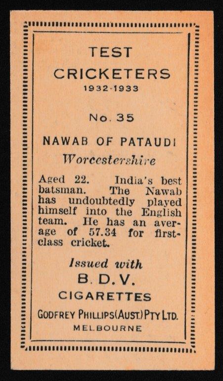 Phillips (Godfrey) - 'Test Cricketers 1932-1933' (1932) - Card #35 (BDV) - Nawab of Pataudi (Worcestershire) Phillips (Godfrey) - 'Test Cricketers 1932-1933' (1932) - Card #35 (BDV) - Nawab of Pataudi (Worcestershire)