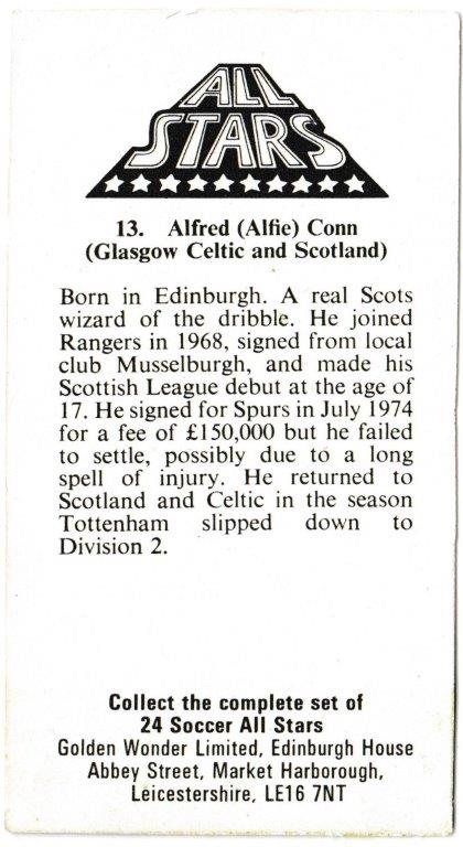 Golden Wonder - 'Soccer All Stars' (1978) - Card #13 - Alfred Conn (Rangers) Golden Wonder - 'Soccer All Stars' (1978) - Card #13 - Alfred Conn (Rangers)