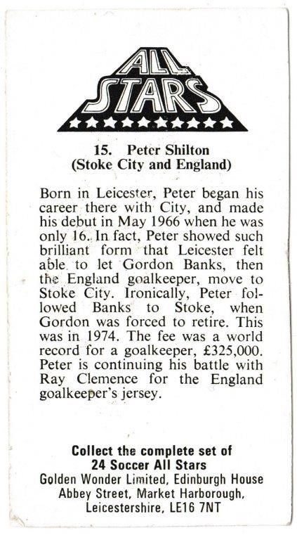 Golden Wonder - 'Soccer All Stars' (1978) - Peter Shilton (Stoke City) Golden Wonder - 'Soccer All Stars' (1978) - Peter Shilton (Stoke City)