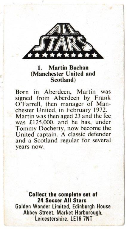 Golden Wonder - 'Soccer All Stars' (1978) - Martin Buchan (Manchester United) Golden Wonder - 'Soccer All Stars' (1978) - Martin Buchan (Manchester United)