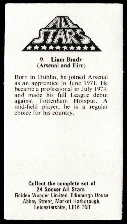 Golden Wonder - 'Soccer All Stars' - Liam Brady (Arsenal) Golden Wonder - 'Soccer All Stars' - Liam Brady (Arsenal)