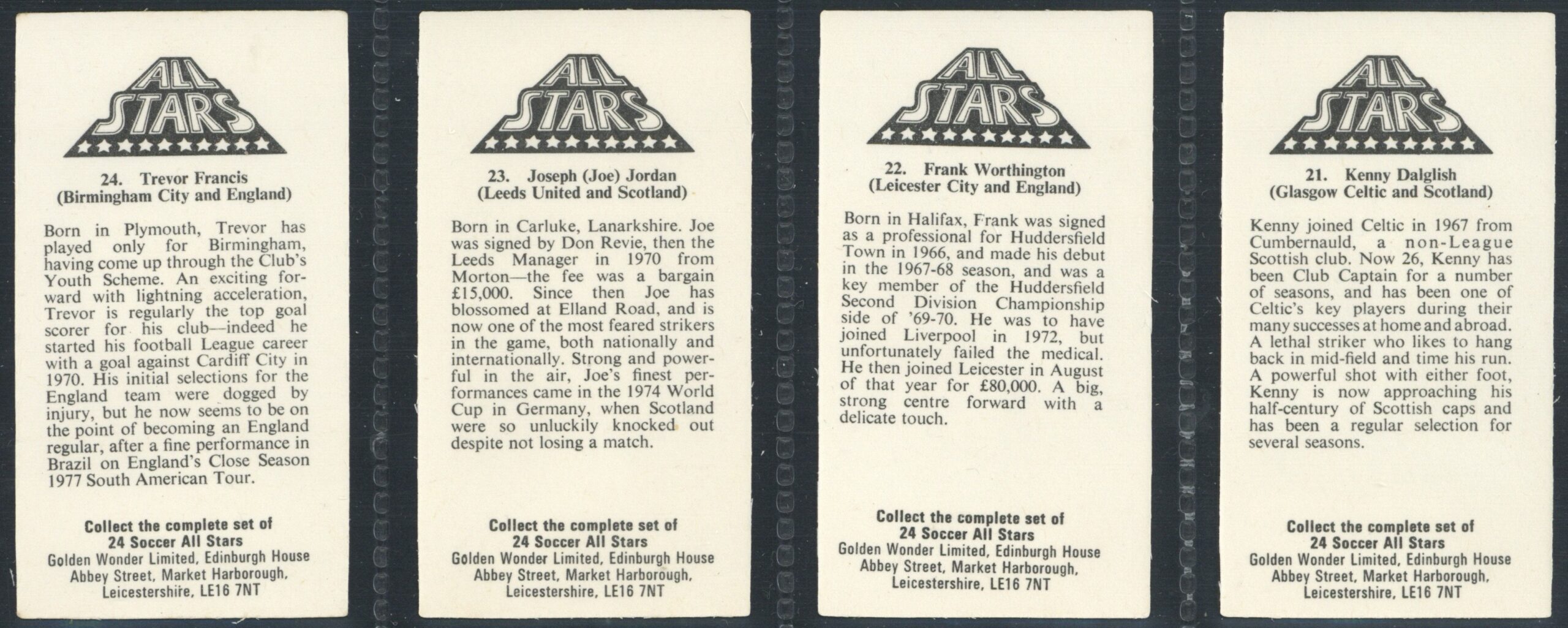 Golden Wonder - 'Soccer All Stars' (1978) - Complete Set (Dalglish, Brady, Toshack, Shilton etc) Golden Wonder - 'Soccer All Stars' (1978) - Complete Set (Dalglish, Brady, Toshack, Shilton etc)