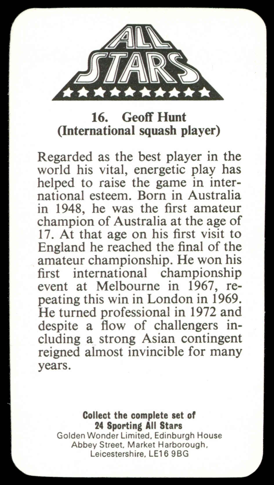 Golden Wonder - 'Sporting All Stars' (1979) - Geoff Hunt Golden Wonder - 'Sporting All Stars' (1979) - Geoff Hunt