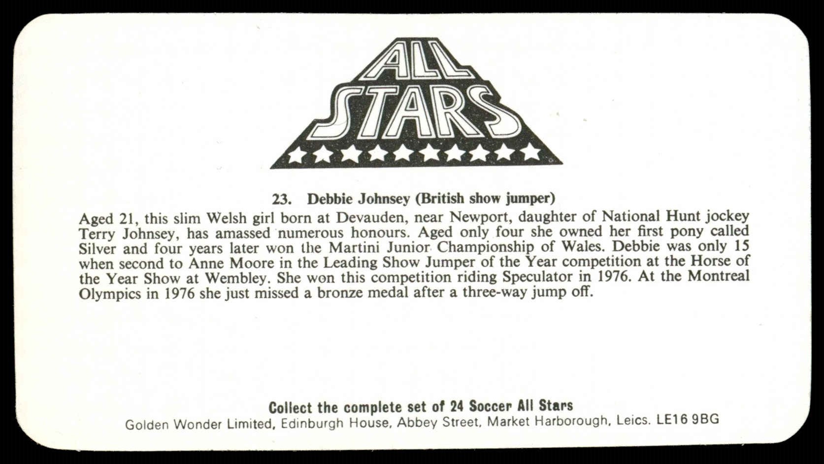 Golden Wonder - 'Sporting All Stars' (1979) - Debbie Johnsey Golden Wonder - 'Sporting All Stars' (1979) - Debbie Johnsey