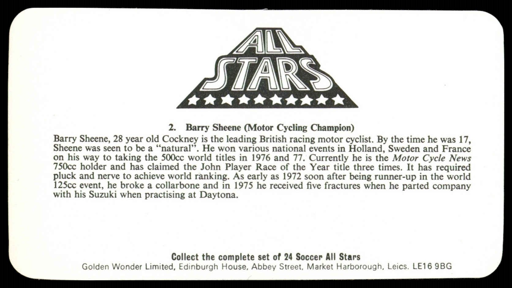 Golden Wonder - 'Sporting All Stars' (1979) - Barry Sheene Golden Wonder - 'Sporting All Stars' (1979) - Barry Sheene
