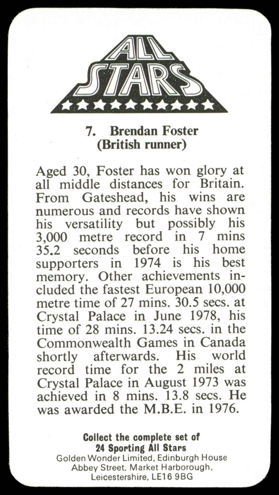 Golden Wonder - 'Sporting All Stars' (1979) - Brendan Foster Golden Wonder - 'Sporting All Stars' (1979) - Brendan Foster
