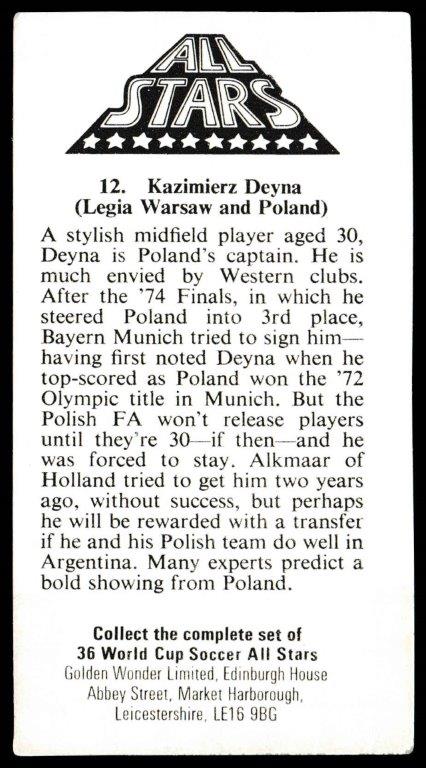Golden Wonder - 'World Cup Soccer All Stars' (1978) - Kazimierz Deyna (Poland) Golden Wonder - 'World Cup Soccer All Stars' (1978) - Kazimierz Deyna (Poland)
