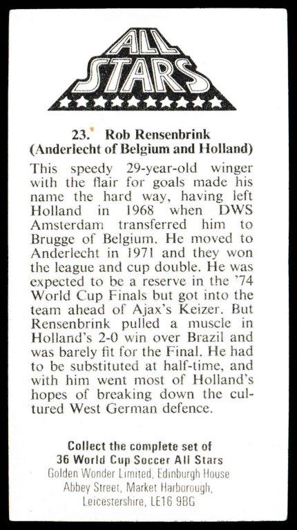 Golden Wonder - 'World Cup Soccer All Stars' (1978) - Rob Rensenbrink (Holland) Golden Wonder - 'World Cup Soccer All Stars' (1978) - Rob Rensenbrink (Holland)