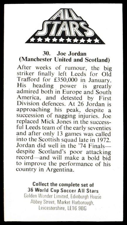 Golden Wonder - 'World Cup Soccer All Stars' (1978) - Joe Jordan (Scotland) Golden Wonder - 'World Cup Soccer All Stars' (1978) - Joe Jordan (Scotland)
