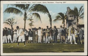 JN Chamberlain - 'Gene Sarazen Tearing Off Coral Gables' (c1930's) - Unused Golf Postcard