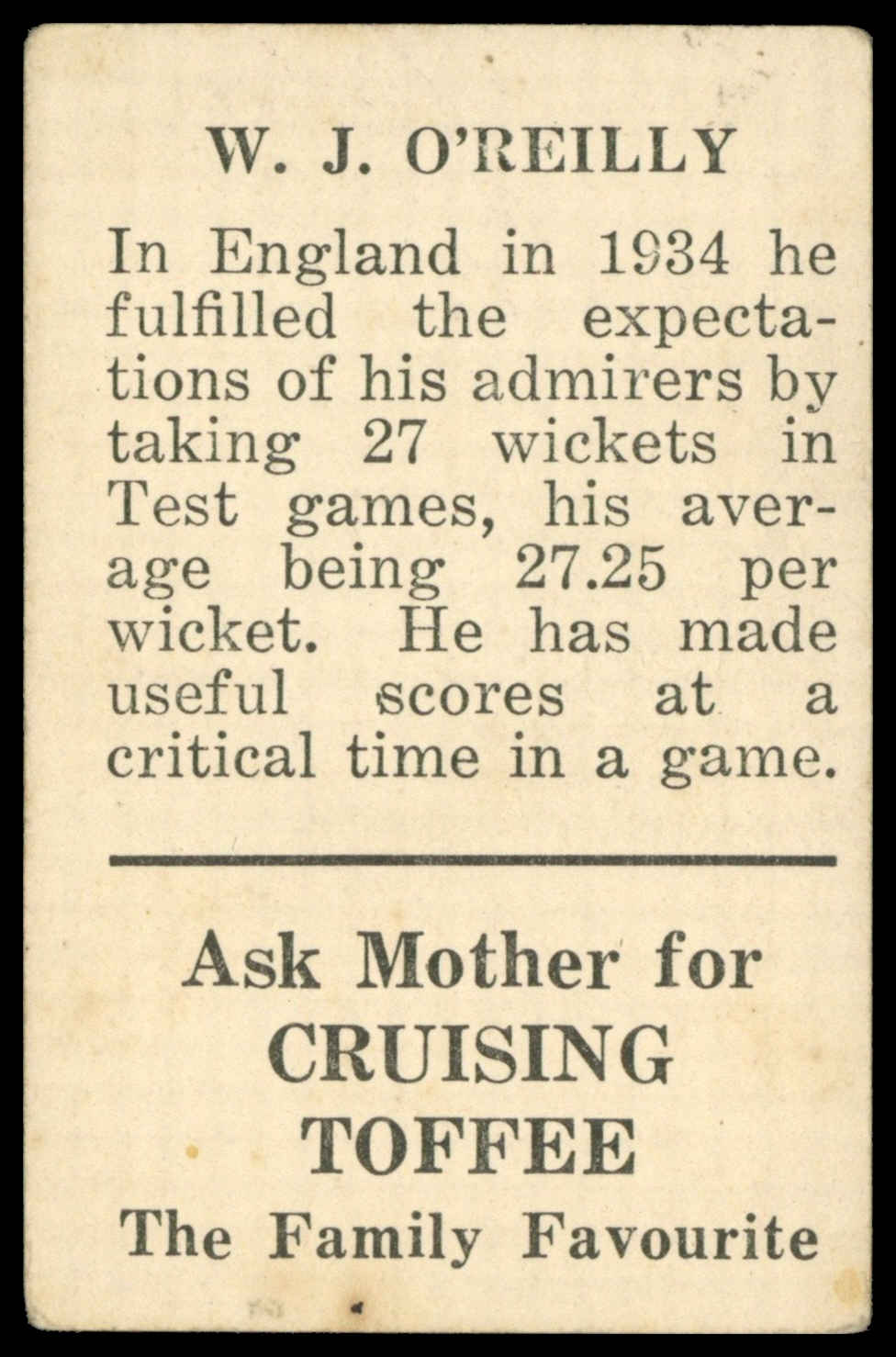 Griffiths Bros - 'Cricketers (Cruising Toffee)' (1937) - W.J. O'Reilly Griffiths Bros - 'Cricketers (Cruising Toffee)' (1937) - W.J. O'Reilly