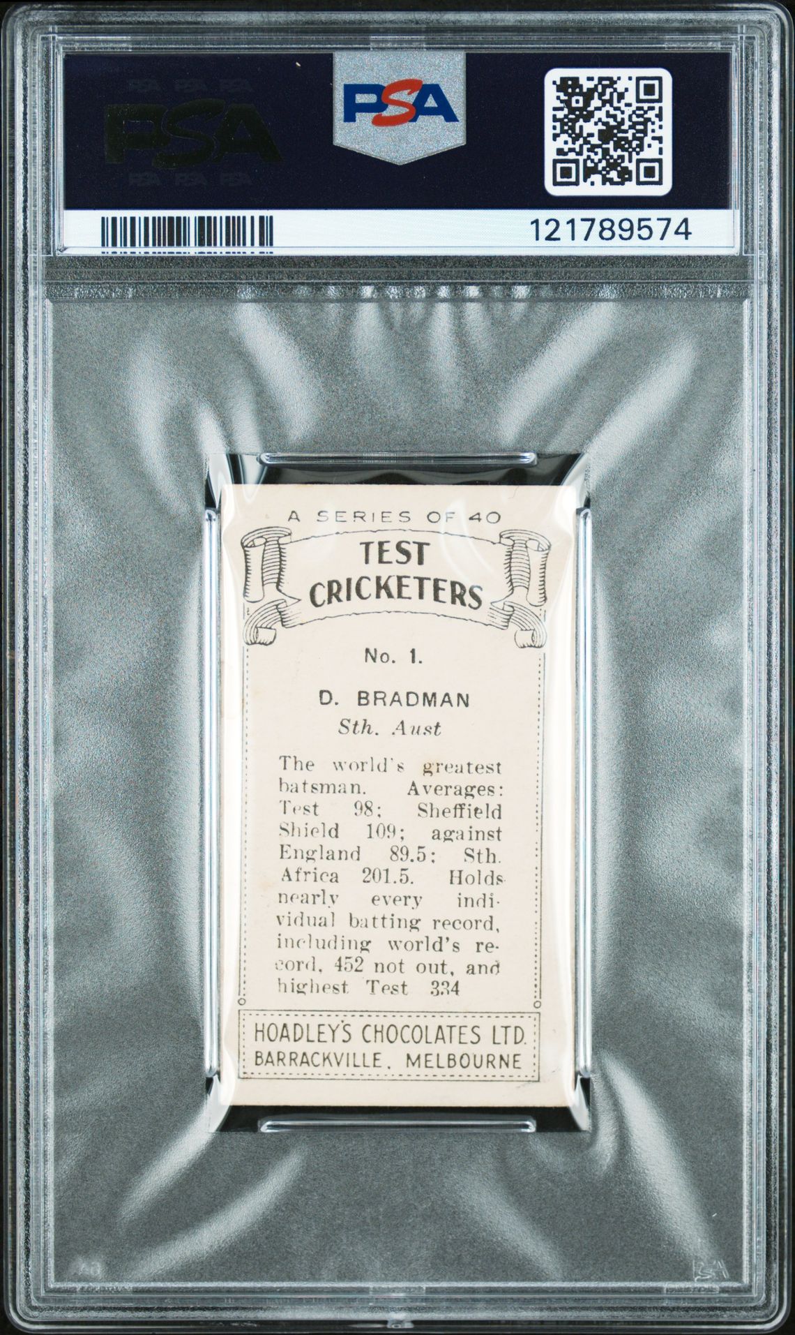 Hoadleys - 'Test Cricketers (40)' (1936) - Don Bradman (South Australia) **PSA4** Hoadleys - 'Test Cricketers (40)' (1936) - Don Bradman (South Australia) **PSA4**