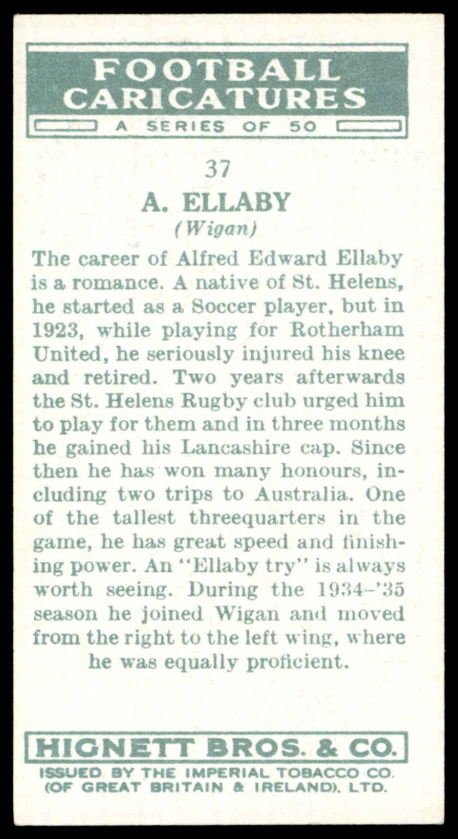 Hignett - 'Football Caricatures' (1935) - #37 - A. Ellaby (Wigan) Hignett - 'Football Caricatures' (1935) - #37 - A. Ellaby (Wigan)