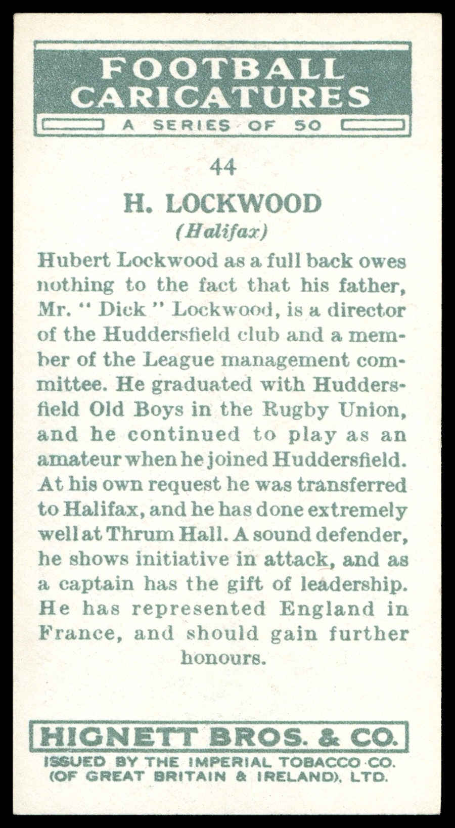 Hignett - 'Football Caricatures' (1935) - #44 - H. Lockwood (Halifax) Hignett - 'Football Caricatures' (1935) - #44 - H. Lockwood (Halifax)