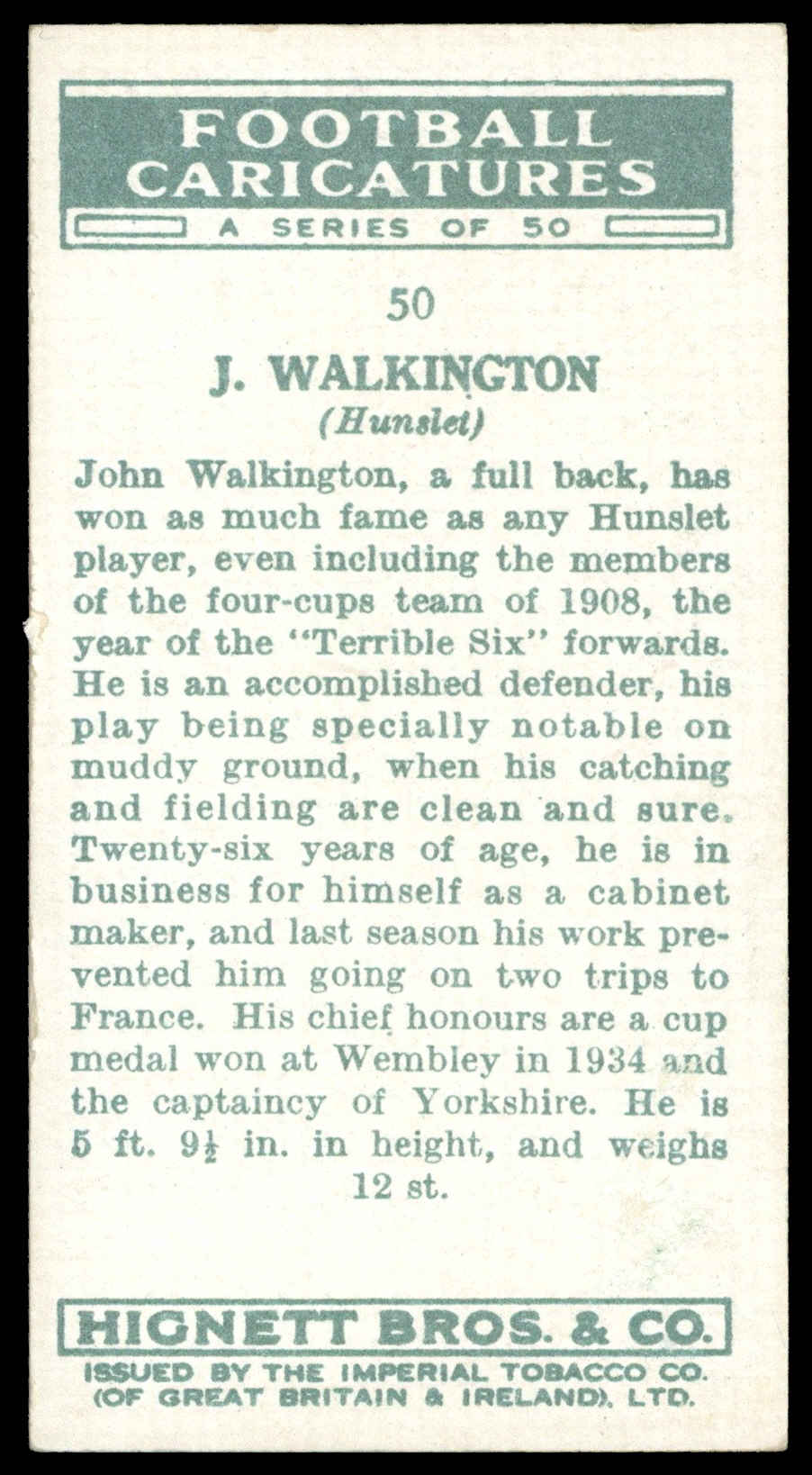 Hignett - 'Football Caricatures' (1935) - #50 - J. Walkington (Hunslet) Hignett - 'Football Caricatures' (1935) - #50 - J. Walkington (Hunslet)