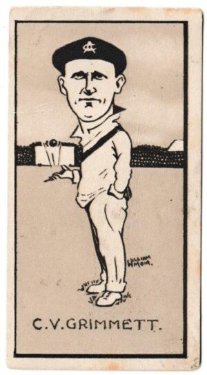 Hill (R&J) - 'Caricatures of Famous Cricketers (S)' (1926) - Card #11 - C.V. Grimmett (South Australia) Hill (R&J) - 'Caricatures of Famous Cricketers (S)' (1926) - Card #11 - C.V. Grimmett (South Australia)