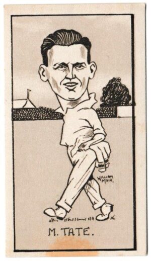 Hill (R&J) - 'Caricatures of Famous Cricketers (S)' (1926) - Card #23 - M.W. Tate (Sussex) Hill (R&J) - 'Caricatures of Famous Cricketers (S)' (1926) - Card #23 - M.W. Tate (Sussex)