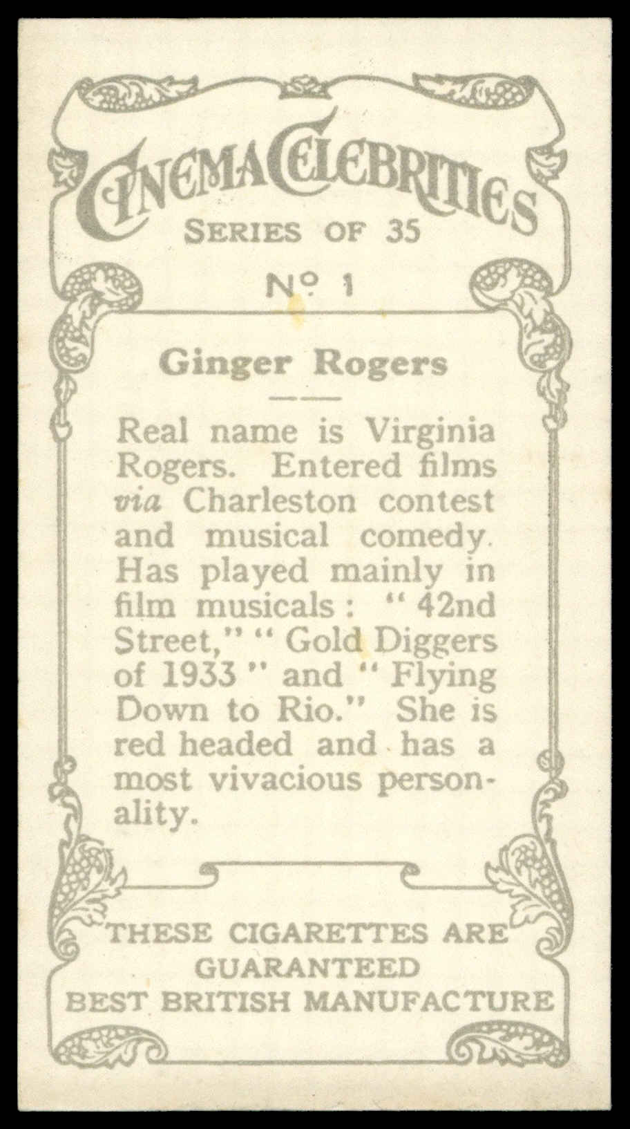 Hill (R&J) - 'Cinema Celebrities (A)' - Ginger Rogers (1937) Hill (R&J) - 'Cinema Celebrities (A)' - Ginger Rogers (1937)