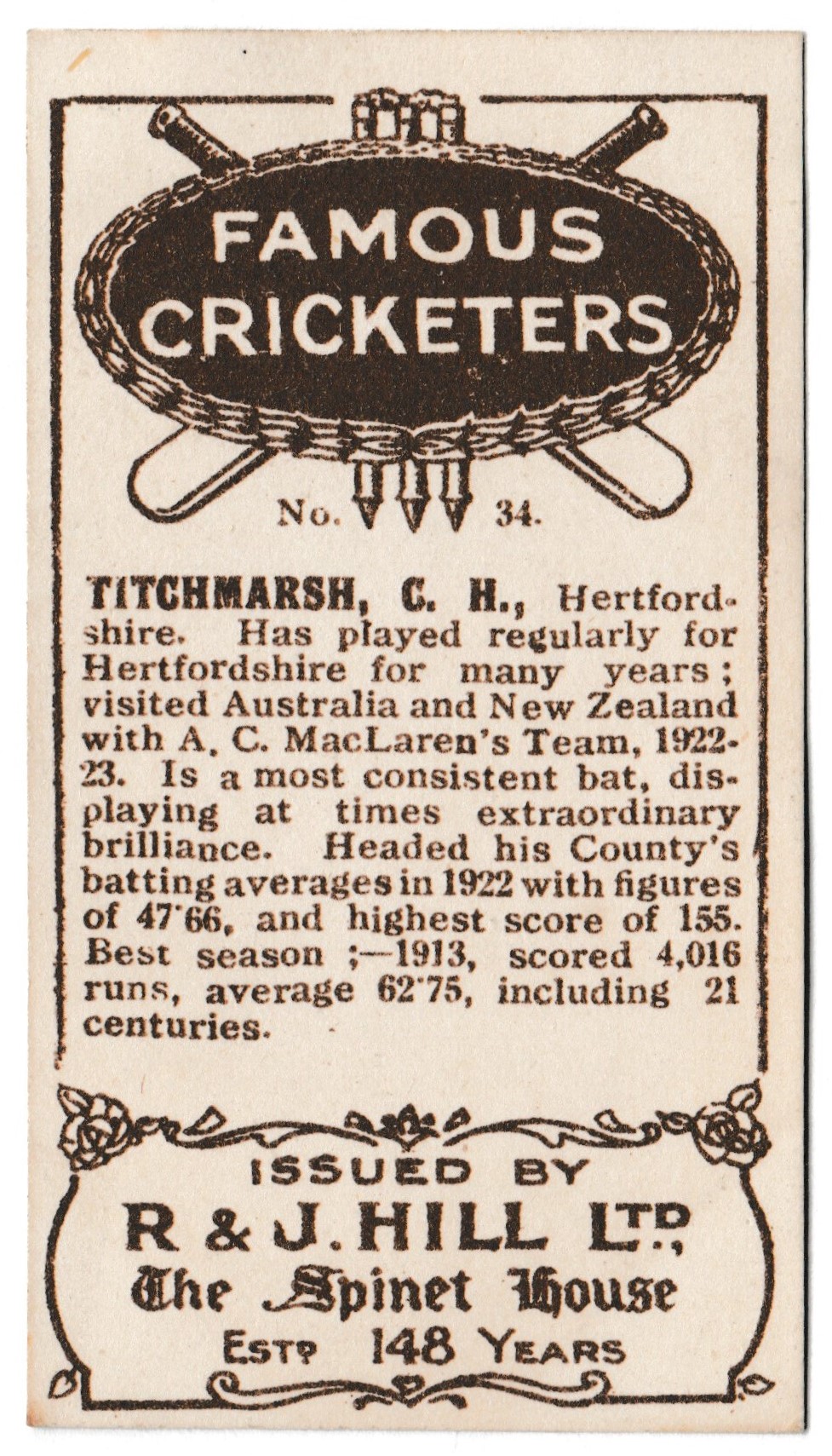 Hill (R&J) - 'Famous Cricketers' (1923) - Card #34 - C.H. Titchmarsh (Hertfordshire) Hill (R&J) - 'Famous Cricketers' (1923) - Card #34 - C.H. Titchmarsh (Hertfordshire)