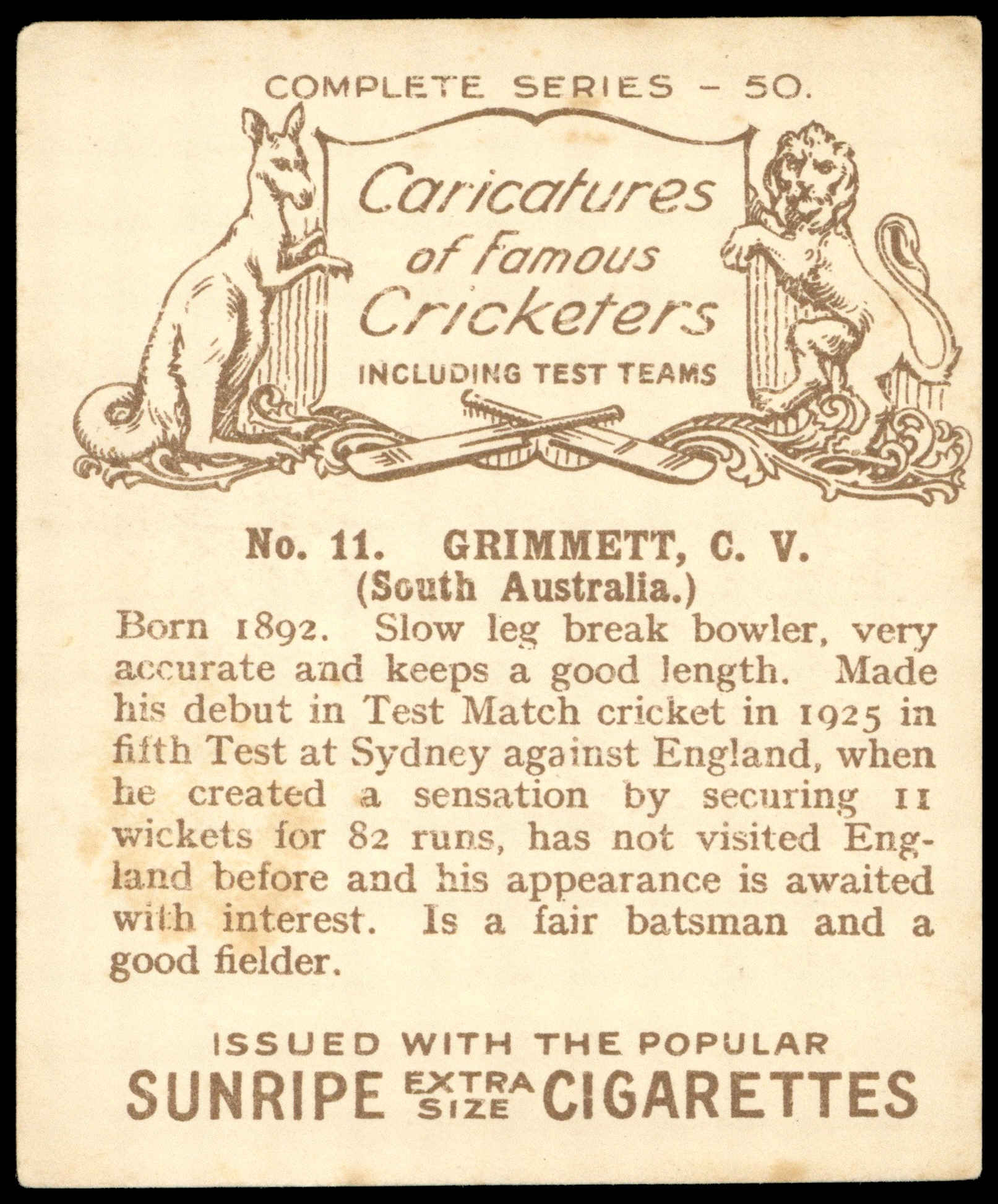 Hill (R&J) - 'Caricatures of Famous Cricketers (L)' (1926) - C.V. Grimmett (South Australia) Hill (R&J) - 'Caricatures of Famous Cricketers (L)' (1926) - C.V. Grimmett (South Australia)