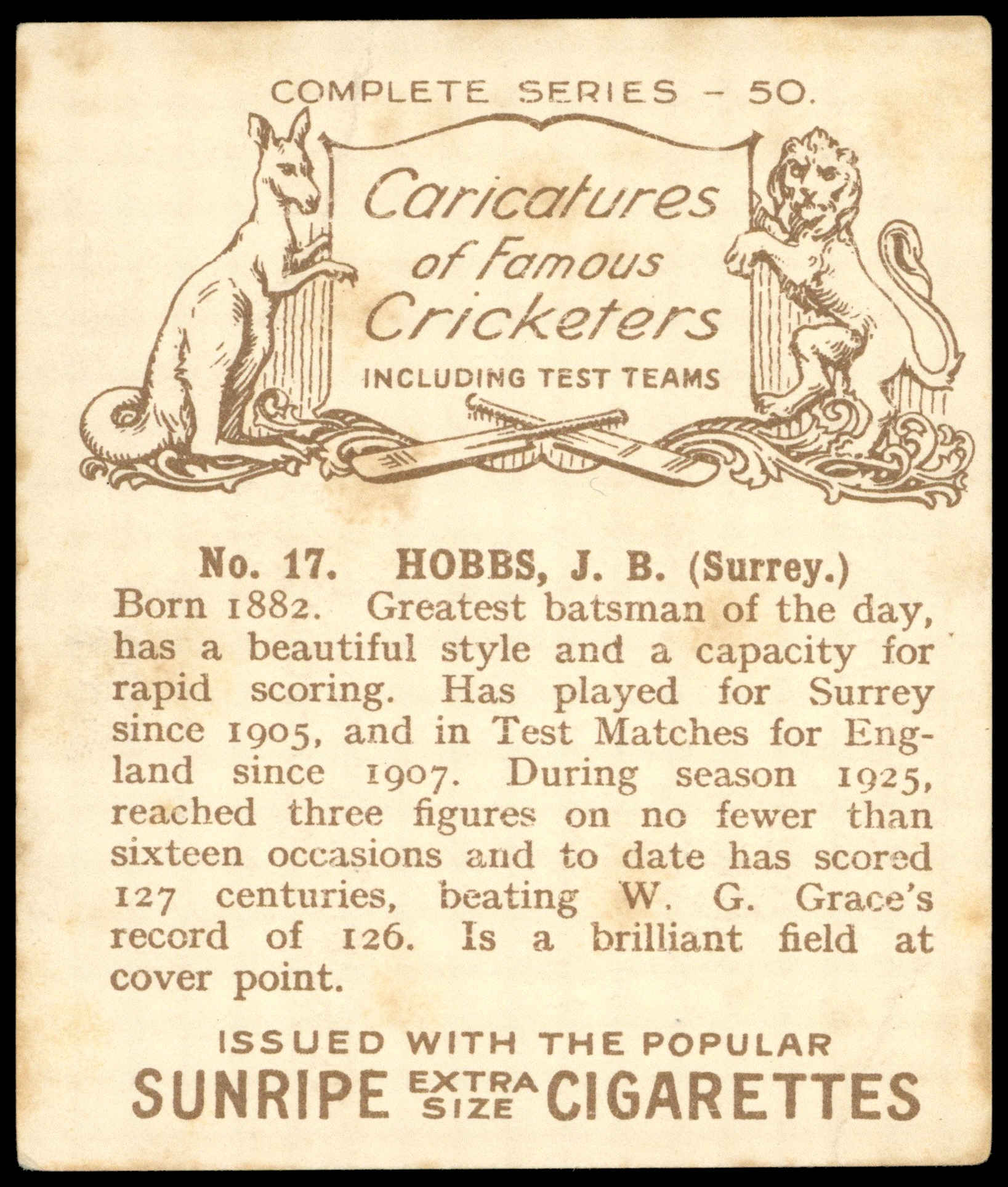 Hill (R&J) - 'Caricatures of Famous Cricketers (L)' (1926) - J.B. Hobbs (Surrey) Hill (R&J) - 'Caricatures of Famous Cricketers (L)' (1926) - J.B. Hobbs (Surrey)