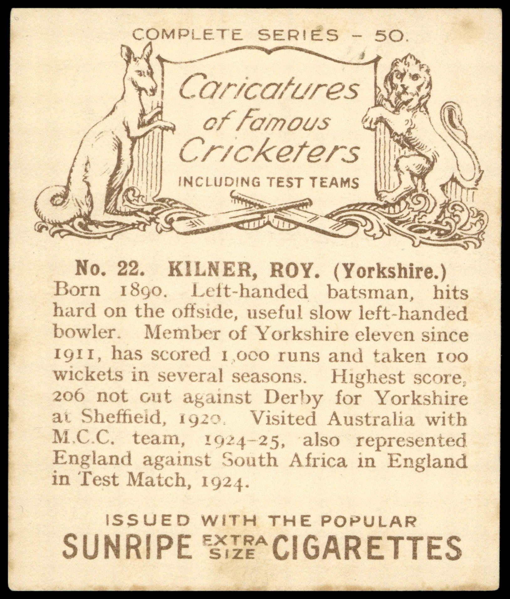 Hill (R&J) - 'Caricatures of Famous Cricketers (L)' (1926) - Roy Kilner (Yorkshire) Hill (R&J) - 'Caricatures of Famous Cricketers (L)' (1926) - Roy Kilner (Yorkshire)