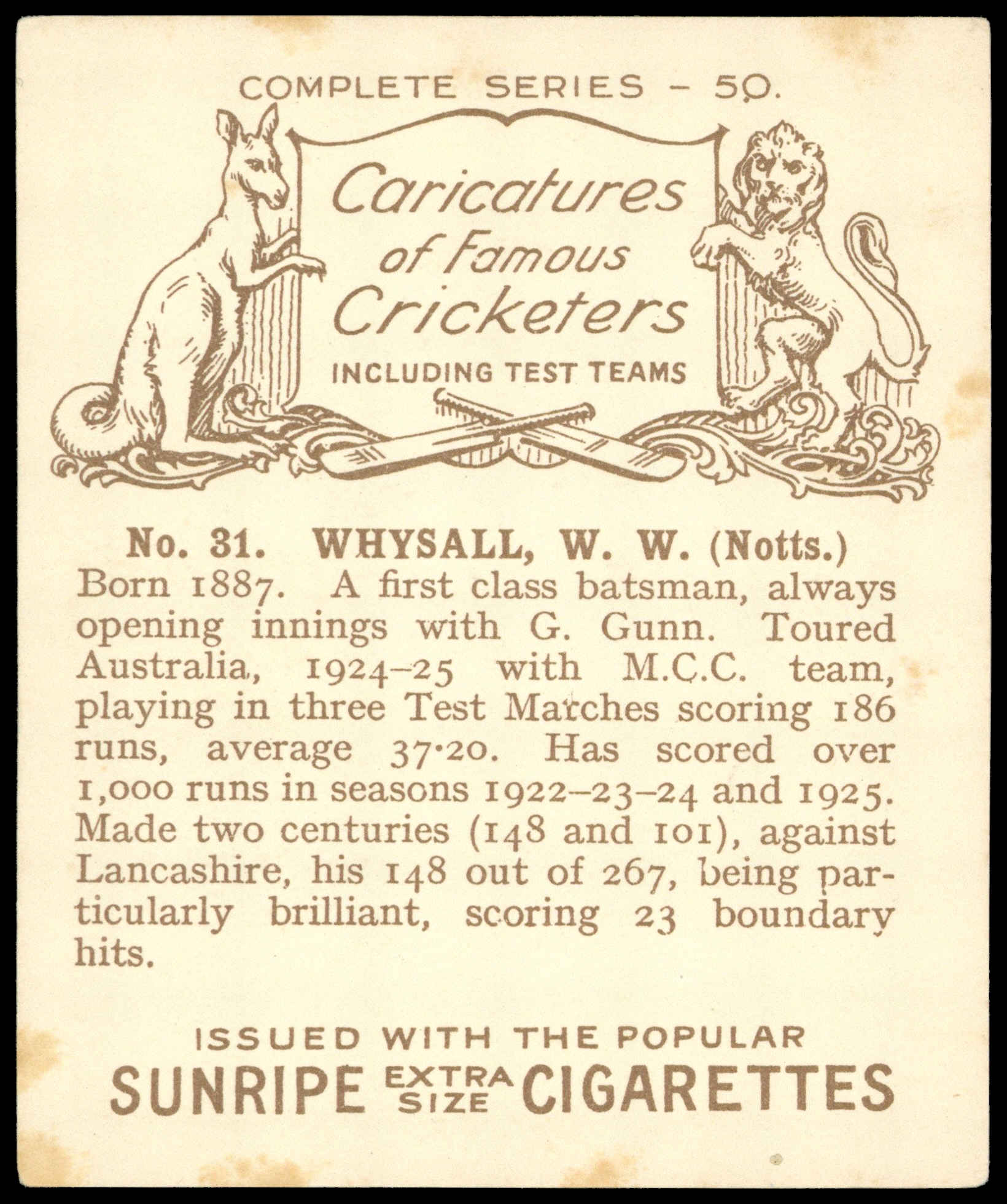 Hill (R&J) - 'Caricatures of Famous Cricketers (L)' (1926) - W.W. Whysall (Notts) Hill (R&J) - 'Caricatures of Famous Cricketers (L)' (1926) - W.W. Whysall (Notts)