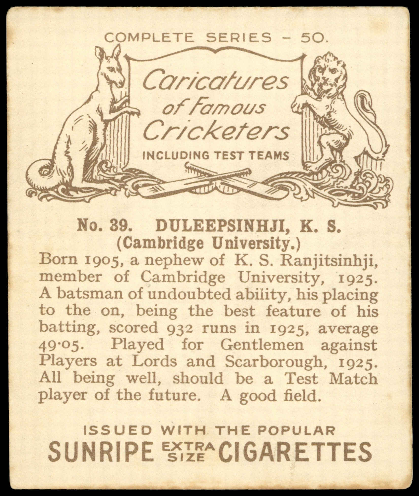 Hill (R&J) - 'Caricatures of Famous Cricketers (L)' (1926) - Duleepsinhji (Cambridge) Hill (R&J) - 'Caricatures of Famous Cricketers (L)' (1926) - Duleepsinhji (Cambridge)