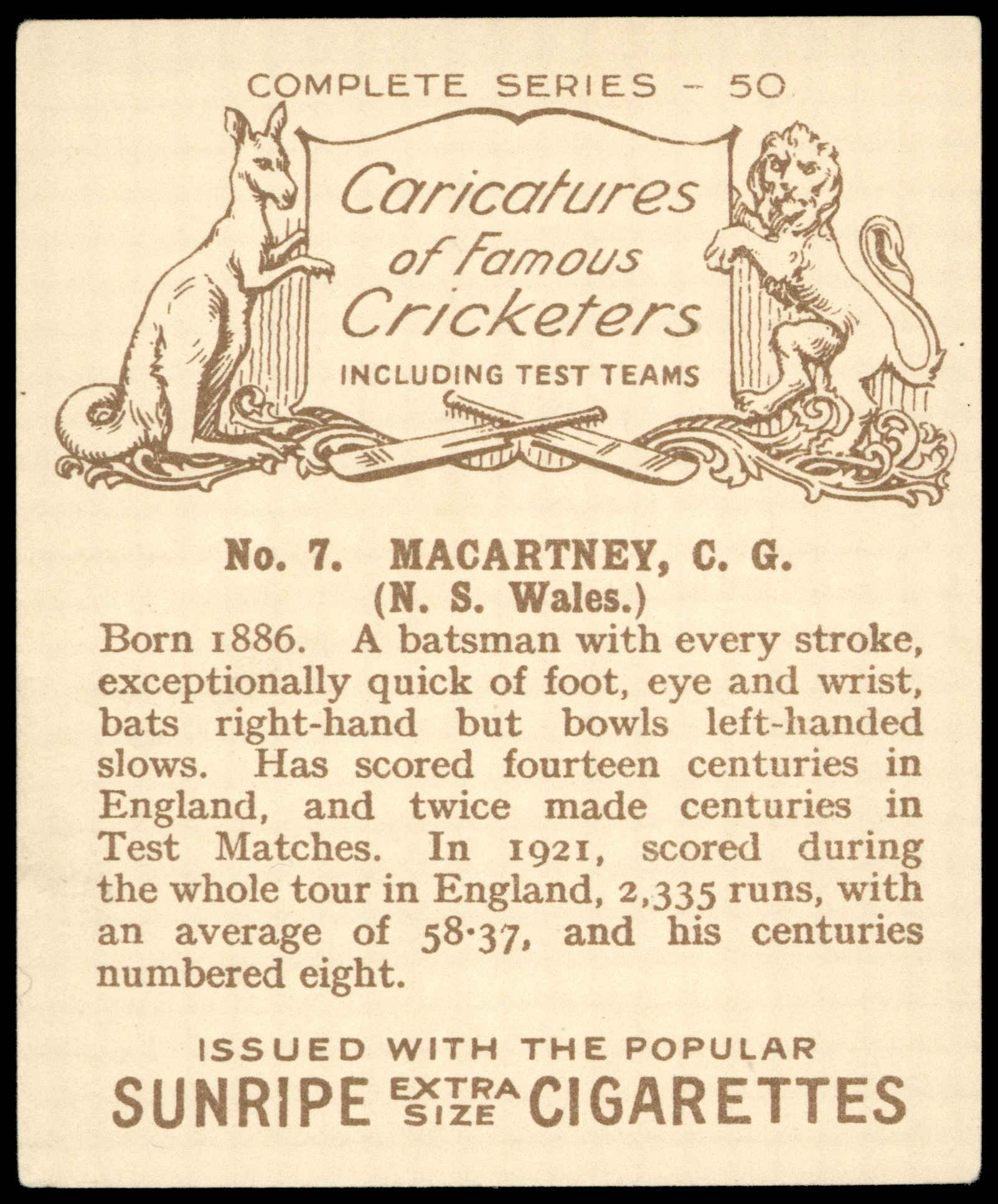 Hill (R&J) - 'Caricatures of Famous Cricketers (L)' (1926) - C.G. MacArtney (New South Wales) Hill (R&J) - 'Caricatures of Famous Cricketers (L)' (1926) - C.G. MacArtney (New South Wales)