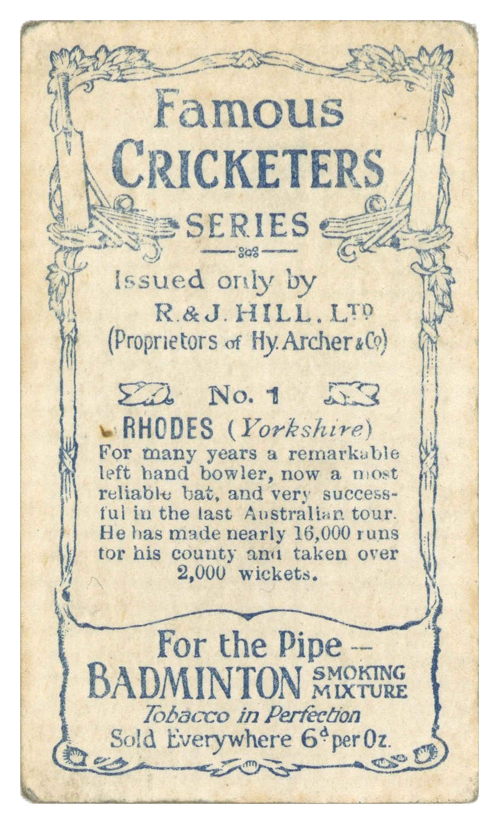 Hill (R&J) - 'Famous Cricketers (B)' (1912) - Rhodes (Yorkshire) Hill (R&J) - 'Famous Cricketers (B)' (1912) - Rhodes (Yorkshire)