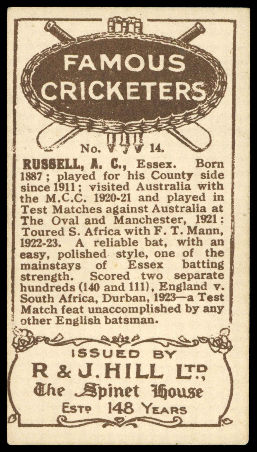 Hill (R&J) - 'Famous Cricketers' (1923) - A.C. Russell (Essex) Hill (R&J) - 'Famous Cricketers' (1923) - A.C. Russell (Essex)