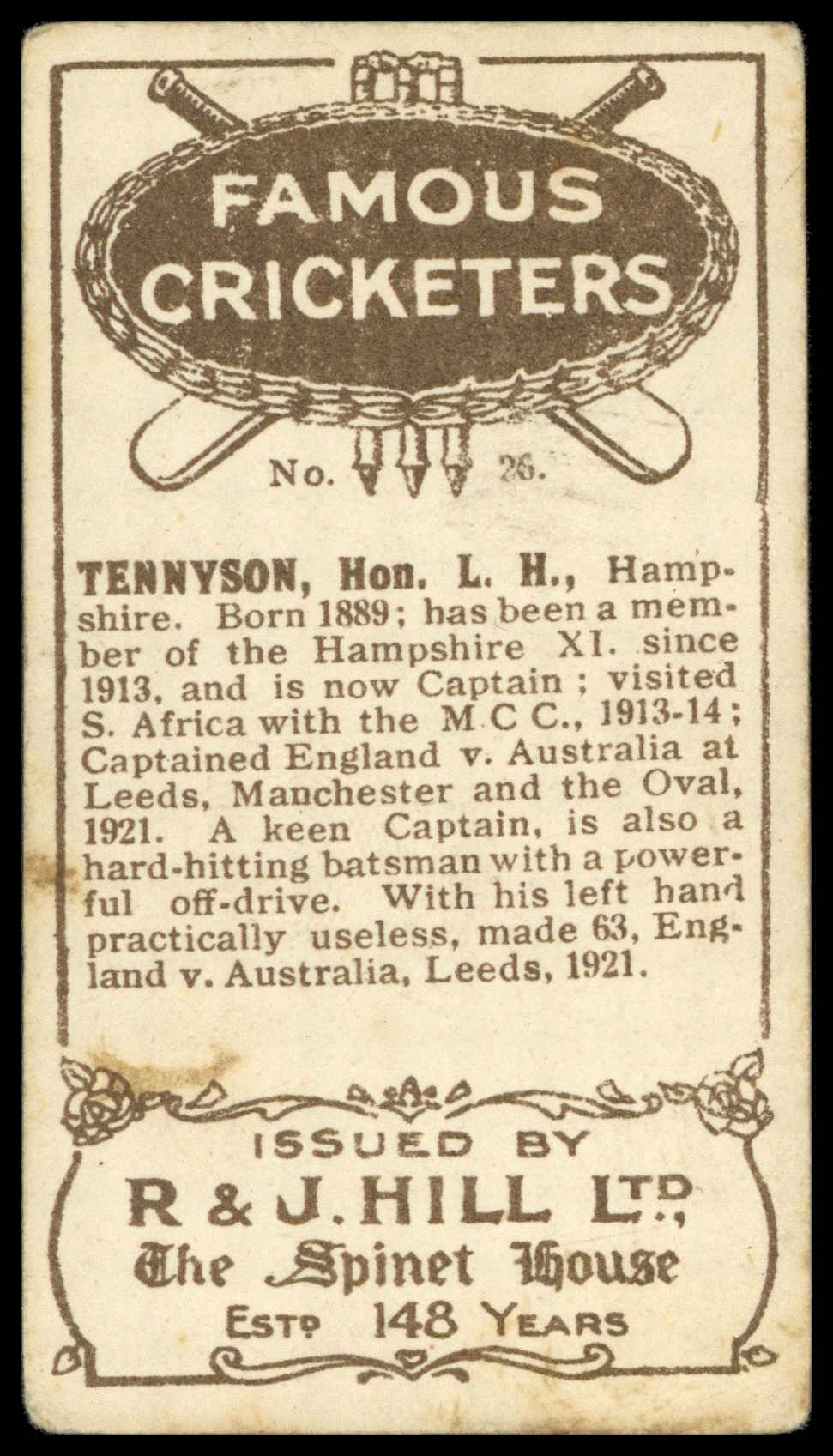 Hill (R&J) - 'Famous Cricketers' (1923) - Hon. L.H. Tennyson (Hampshire) Hill (R&J) - 'Famous Cricketers' (1923) - Hon. L.H. Tennyson (Hampshire)