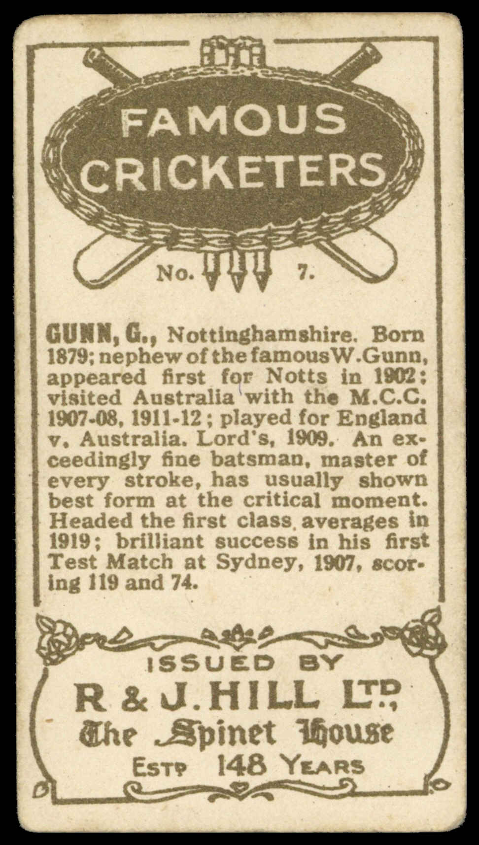 Hill (R&J) - 'Famous Cricketers' (1923) - G. Gunn (Nottinghamshire) Hill (R&J) - 'Famous Cricketers' (1923) - G. Gunn (Nottinghamshire)