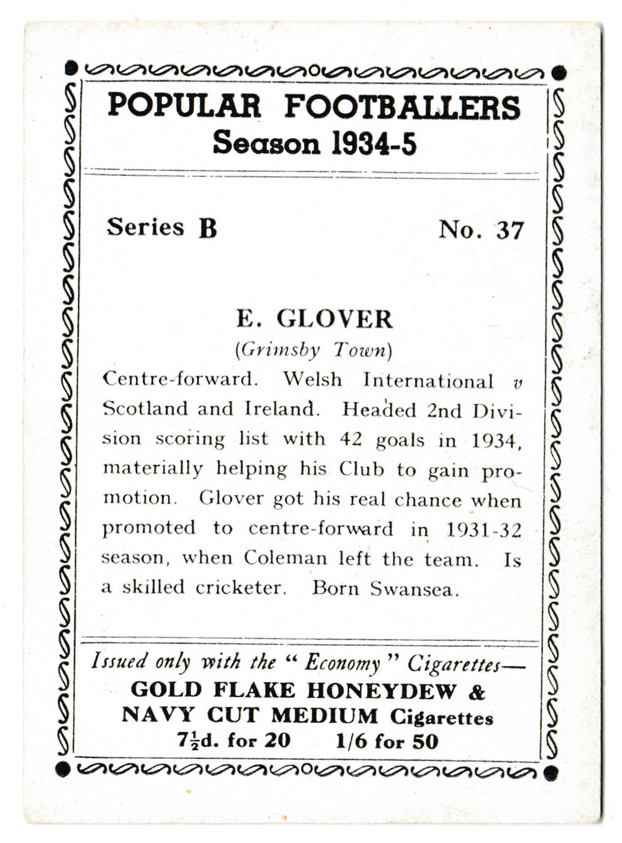Hill (R&J) - 'Popular Footballers 1934-5 (Series B)' - Card #37 - E. Glover (Grimsby Town) Hill (R&J) - 'Popular Footballers 1934-5 (Series B)' - Card #37 - E. Glover (Grimsby Town)