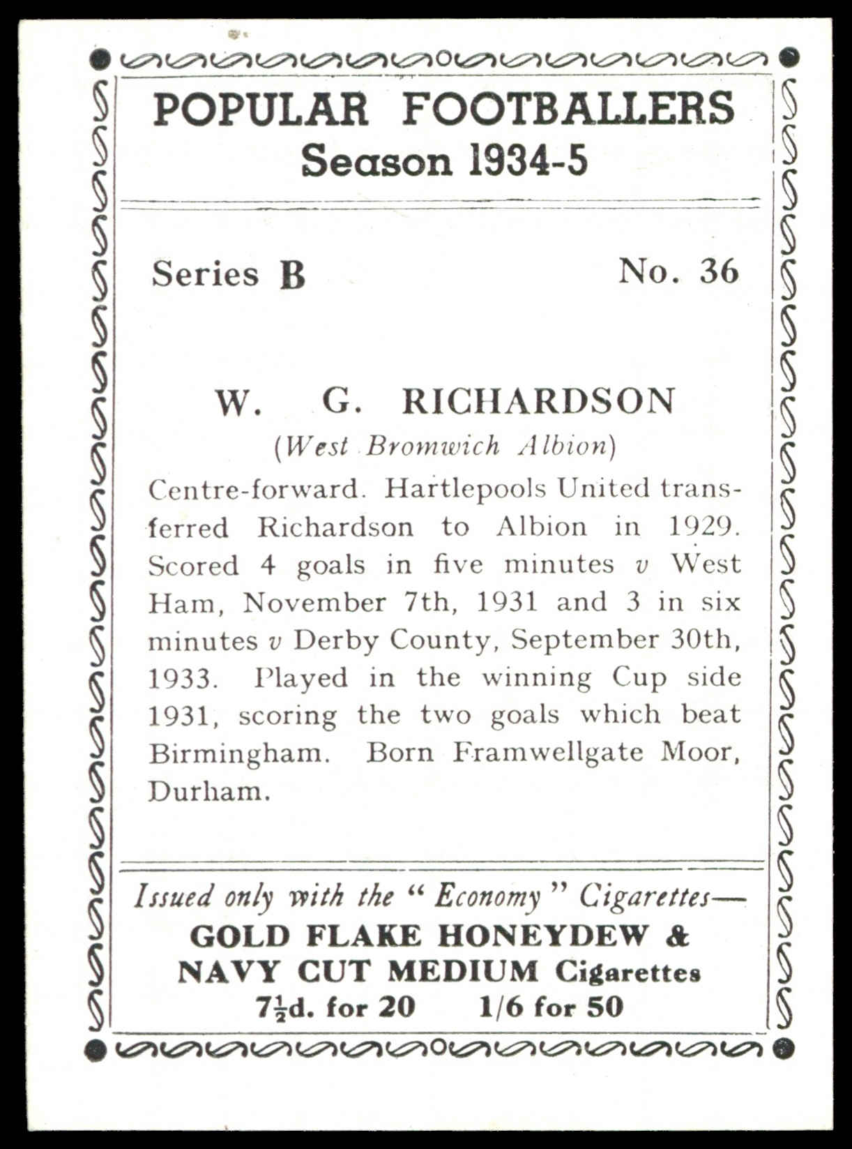 R&J Hill - 'Popular Footballers 1934-5 (Series B)' (1934) - W.G. Richardson (West Brom) R&J Hill - 'Popular Footballers 1934-5 (Series B)' (1934) - W.G. Richardson (West Brom)