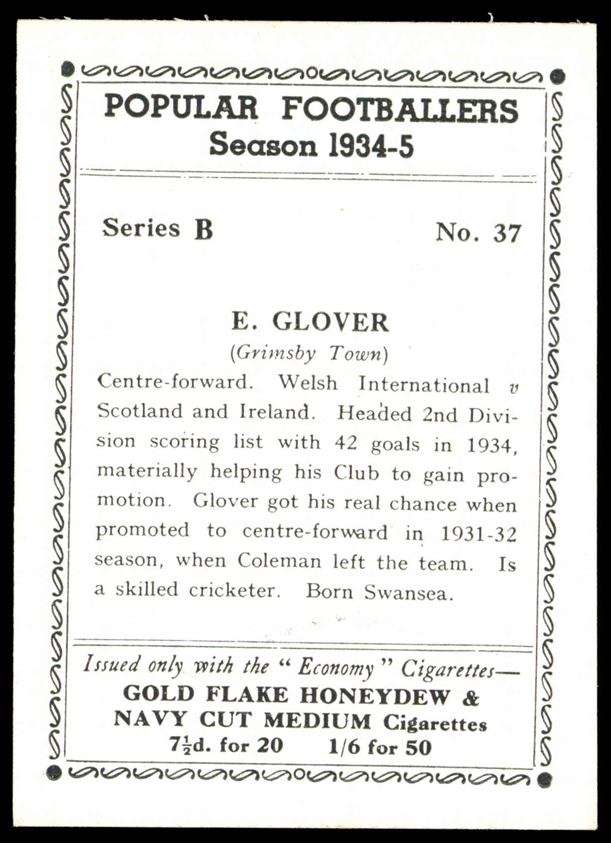 R&J Hill - 'Popular Footballers 1934-5 (Series B)' (1934) - E. Glover (Grimsby Town) R&J Hill - 'Popular Footballers 1934-5 (Series B)' (1934) - E. Glover (Grimsby Town)