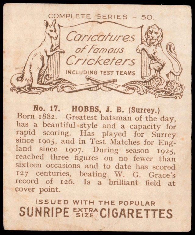 Hill (R&J) - 'Caricatures of Famous Cricketers (L) - Card #17 - J.B. Hobbs (Surrey) Hill (R&J) - 'Caricatures of Famous Cricketers (L) - Card #17 - J.B. Hobbs (Surrey)