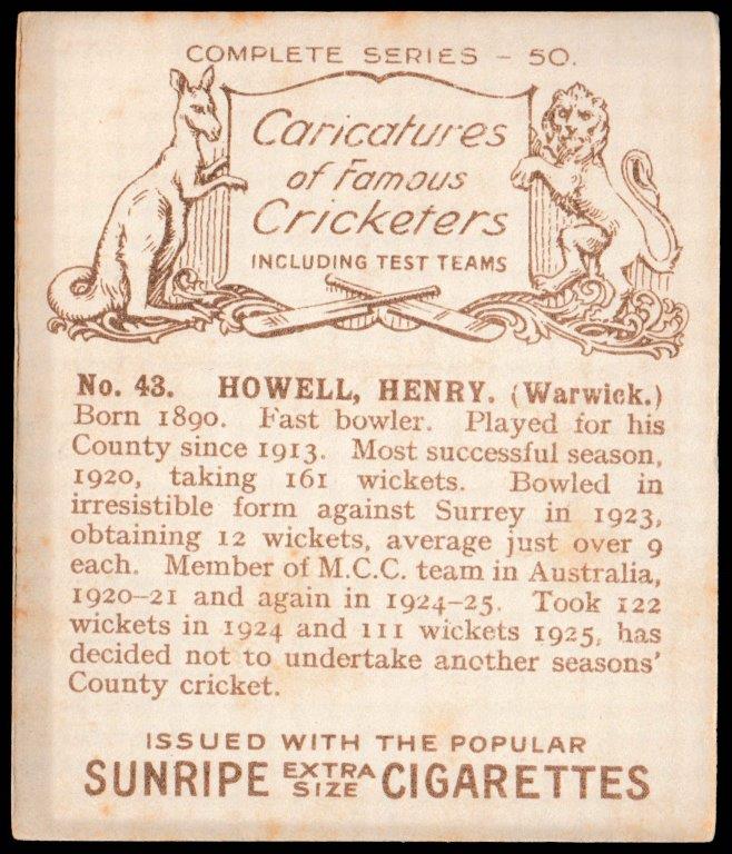 Hill (R&J) - 'Caricatures of Famous Cricketers (L) - Card #43 - Henry Howell (Warwick) Hill (R&J) - 'Caricatures of Famous Cricketers (L) - Card #43 - Henry Howell (Warwick)
