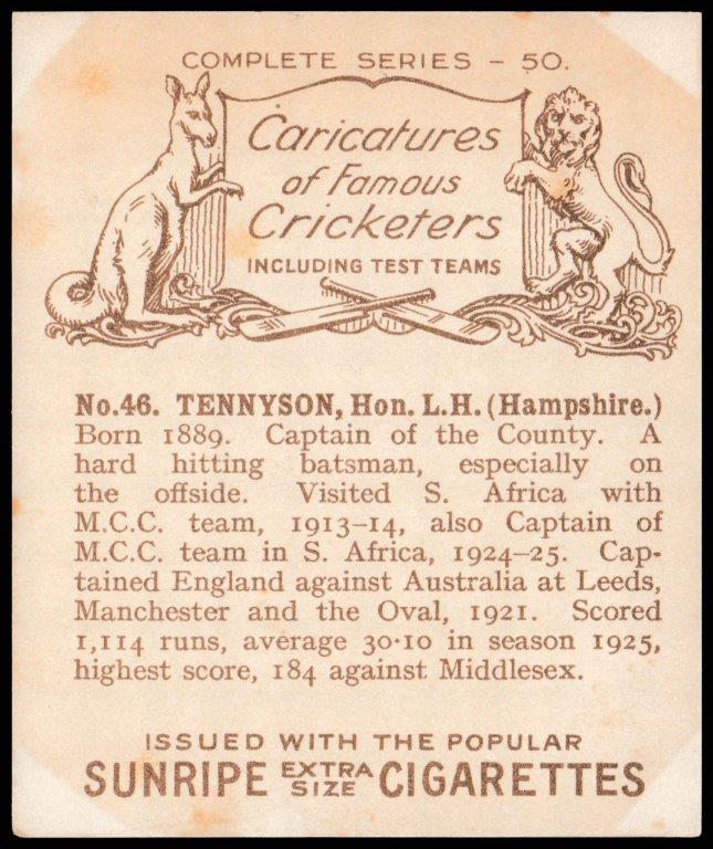 Hill (R&J) - 'Caricatures of Famous Cricketers (L) - Card #46 - Hon. L.H. Tennyson (Hampshire) Hill (R&J) - 'Caricatures of Famous Cricketers (L) - Card #46 - Hon. L.H. Tennyson (Hampshire)