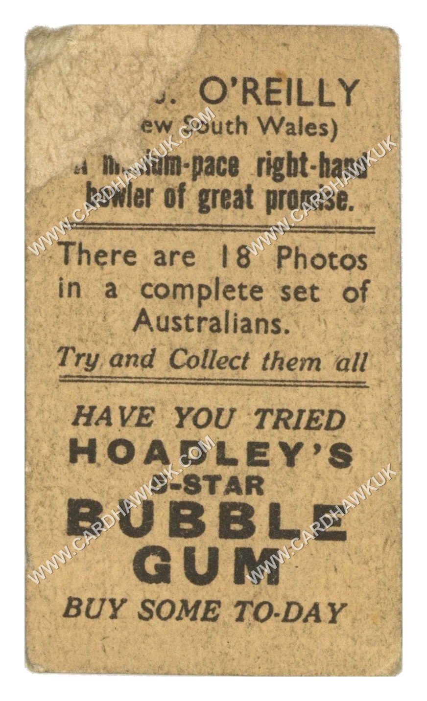 Hoadley Chocolates - 'Cricketers (Brown)' (1933) - W.J. O'Reilly (New South Wales) Hoadley Chocolates - 'Cricketers (Brown)' (1933) - W.J. O'Reilly (New South Wales)