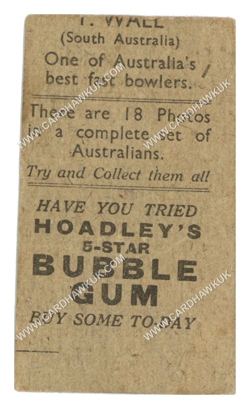 Hoadley Chocolates - 'Cricketers (Brown)' (1933) - T. Wall (South Australia) Hoadley Chocolates - 'Cricketers (Brown)' (1933) - T. Wall (South Australia)