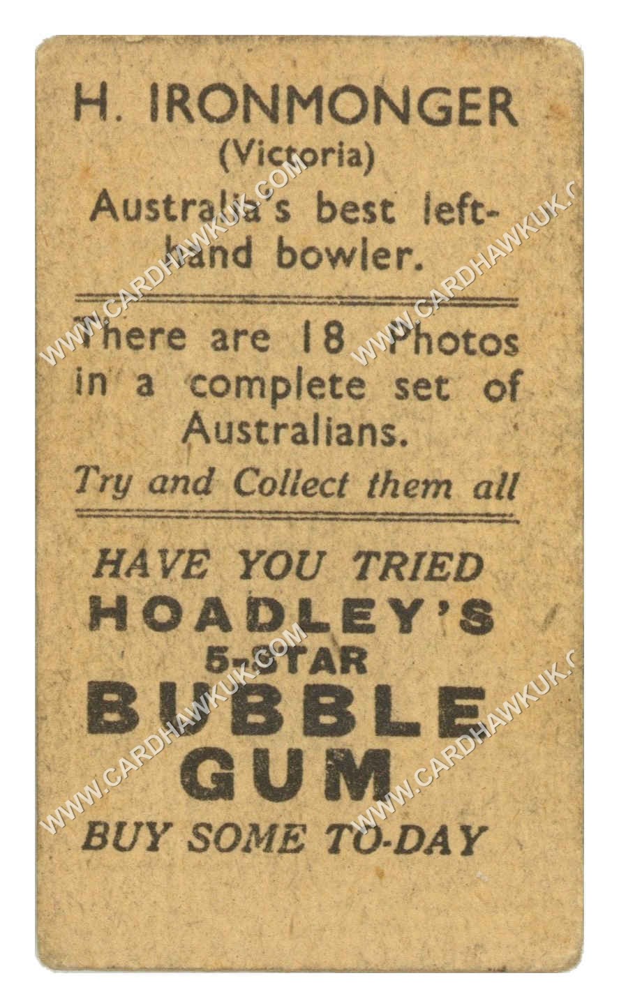 Hoadley Chocolates - 'Cricketers (Brown)' (1933) - H. Ironmonger (Victoria) Hoadley Chocolates - 'Cricketers (Brown)' (1933) - H. Ironmonger (Victoria)