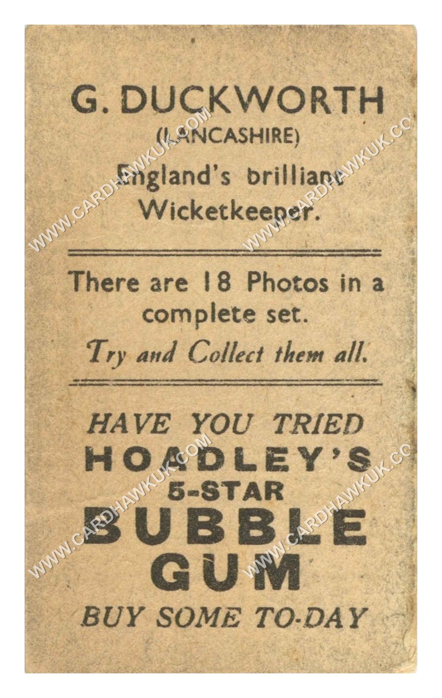 Hoadley Chocolates - 'Cricketers (Brown)' - G. Duckworth (Lancashire) (1933) Hoadley Chocolates - 'Cricketers (Brown)' - G. Duckworth (Lancashire) (1933)
