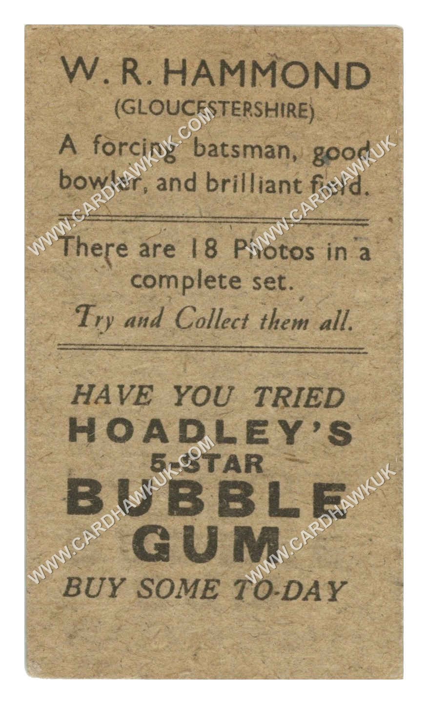 Hoadley Chocolates - 'Cricketers (Brown)' - W.R. Hammond (Gloucs) (1933) Hoadley Chocolates - 'Cricketers (Brown)' - W.R. Hammond (Gloucs) (1933)