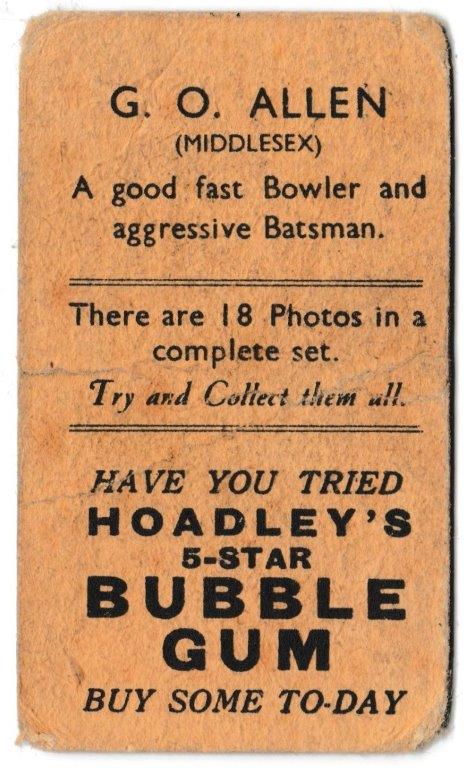 Hoadley Chocolates - 'Cricketers (Brown)' (1933) - G.O. Allen (Middlesex) Hoadley Chocolates - 'Cricketers (Brown)' (1933) - G.O. Allen (Middlesex)