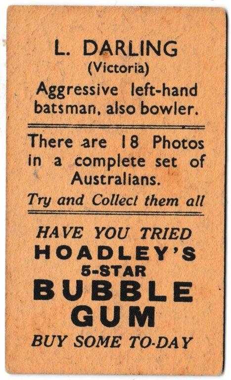 Hoadley Chocolates - 'Cricketers (Brown)' (1933) - Card #1 - L. Darling (Victoria) Hoadley Chocolates - 'Cricketers (Brown)' (1933) - Card #1 - L. Darling (Victoria)