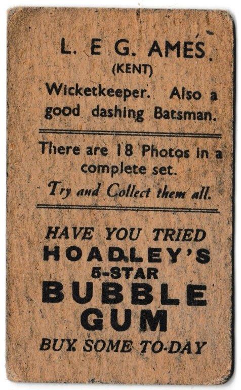 Hoadley Chocolates - 'Cricketers (Brown)' (1933) - L. Ames (Kent) Hoadley Chocolates - 'Cricketers (Brown)' (1933) - L. Ames (Kent)