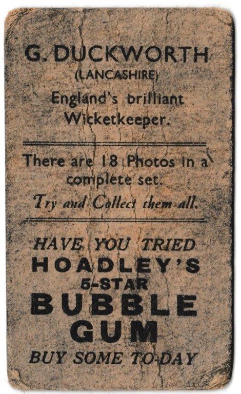 Hoadley Chocolates - 'Cricketers (Brown)' (1933) - G. Duckworth (Lancashire) Hoadley Chocolates - 'Cricketers (Brown)' (1933) - G. Duckworth (Lancashire)